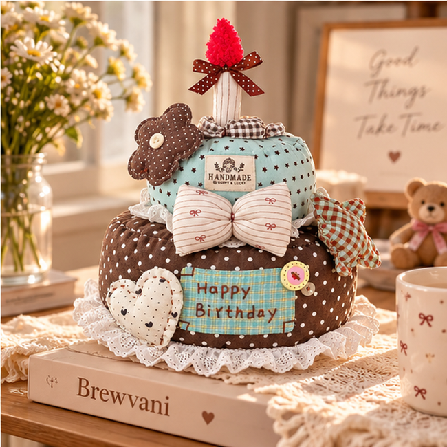 Brewvani® Fabric Birthday Cake Decor – Handmade-Style Soft Cake Ornament
