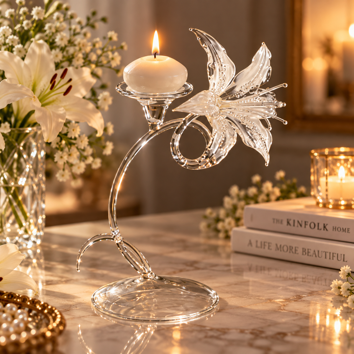 Brewvani® Lily Flower Candle Holder – Elegant Clear Floral Tealight Stand