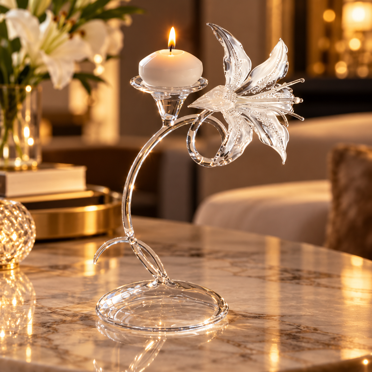 Brewvani® Lily Flower Candle Holder – Elegant Clear Floral Tealight Stand