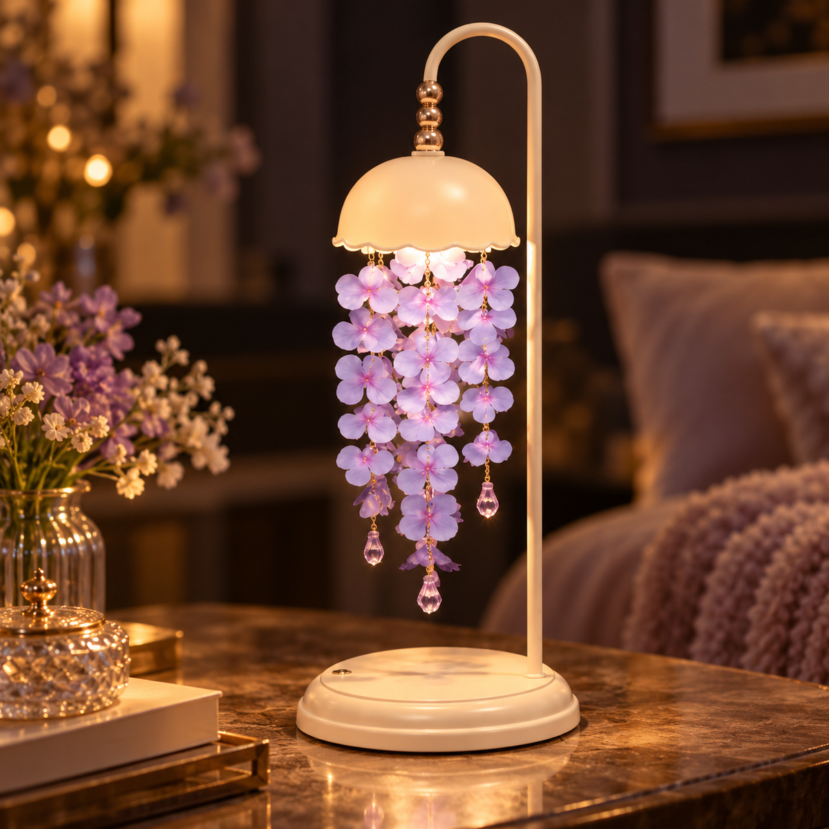 Brewvani® Floral Table Lamp – Purple Hanging Flower Decorative Bedside Light