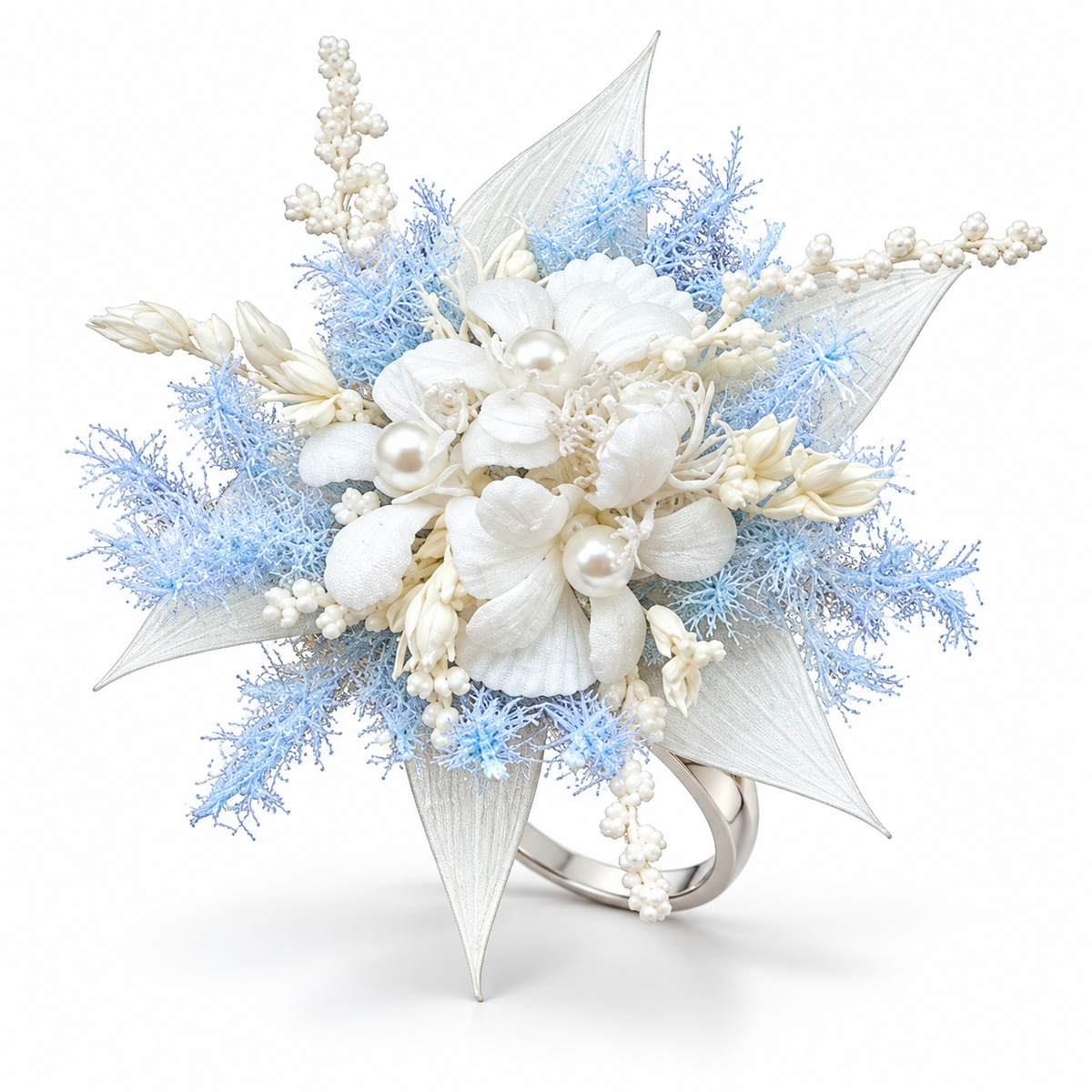 Brewvani® Floral Statement Ring – Blue & White Flower Cocktail Ring