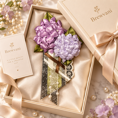 Brewvani® Purple Floral Corsage – Elegant Fabric Flower Brooch with Ribbon