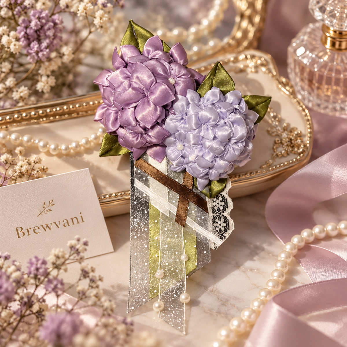 Brewvani® Purple Floral Corsage – Elegant Fabric Flower Brooch with Ribbon